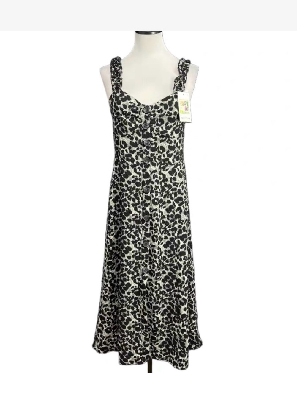 Zara Black & White Leopard-Print Button Midi Dress Size S